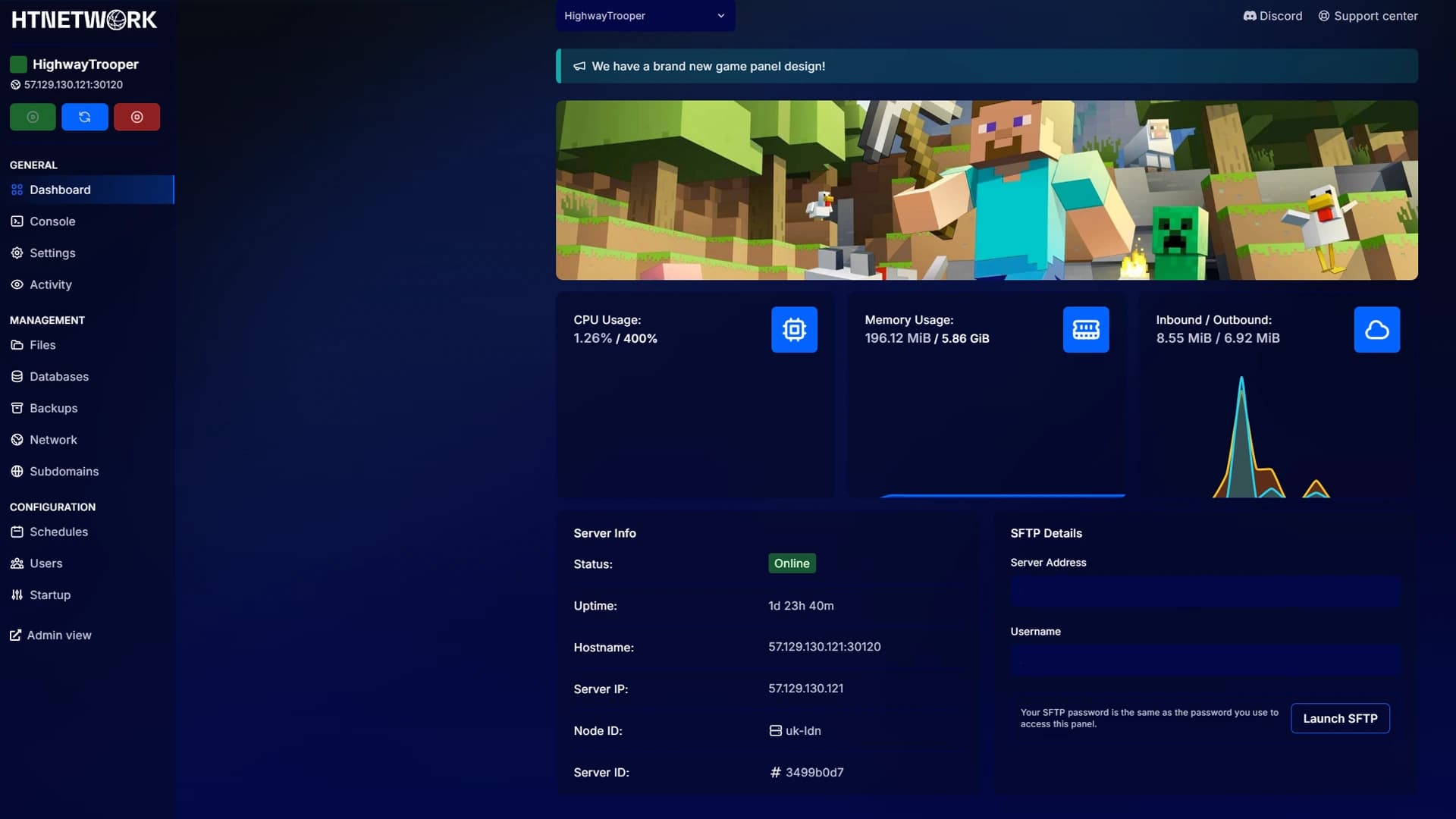 Game Control Panel Screenshot